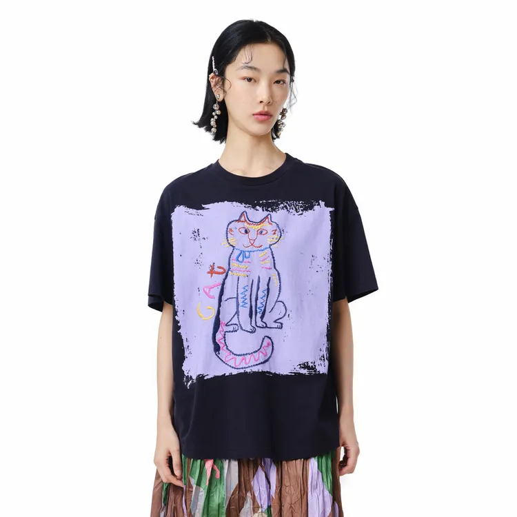 MOVEUP幻走2025夏季新款.FUN系列圆领印花绣花短款T恤女325210505