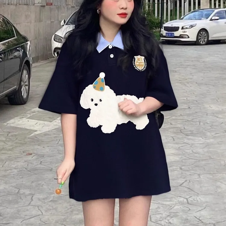 【毛绒小狗】微胖美式ins正肩宽松毛绒刺绣男女情侣同款T恤