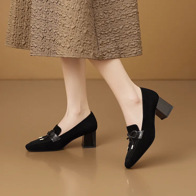 5.5cm方头复古女士鞋子新款百搭中跟单鞋羊反绒磨砂粗跟黑色皮鞋