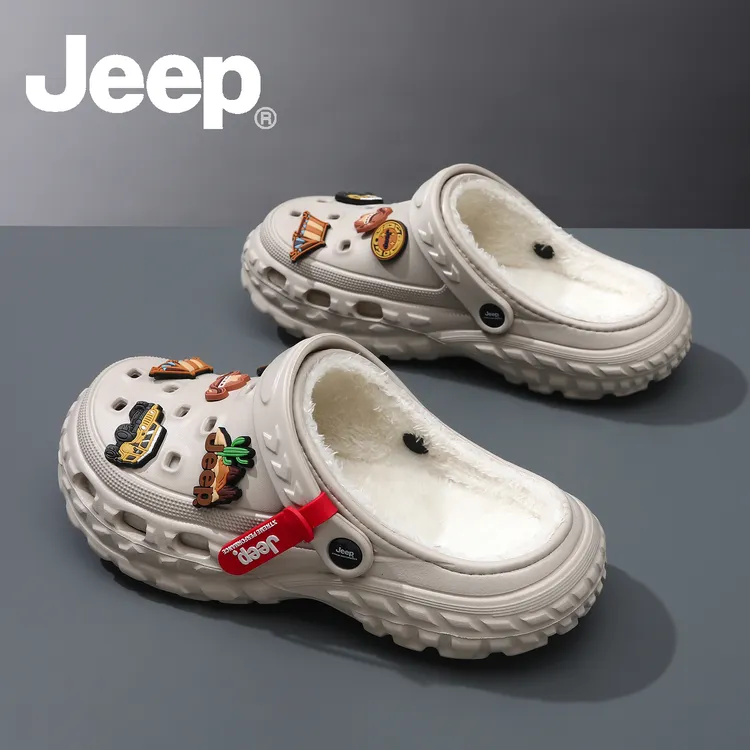 JEEP/吉普棉拖鞋男外穿加绒保暖包头拖休闲情侣两穿一脚蹬洞洞鞋