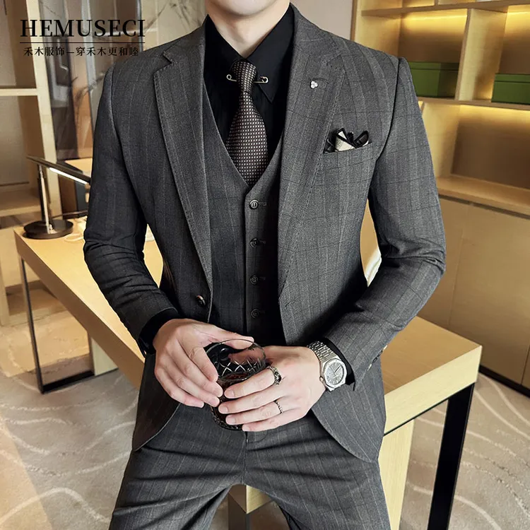 高级感男士色织格纹商务西服新郎结婚礼服格子西装三件套灰色休闲
