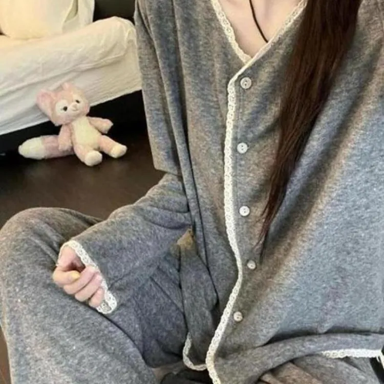 韩版简约花边纯色德绒睡衣女款秋冬季新款亲肤休闲长裤家居服套装