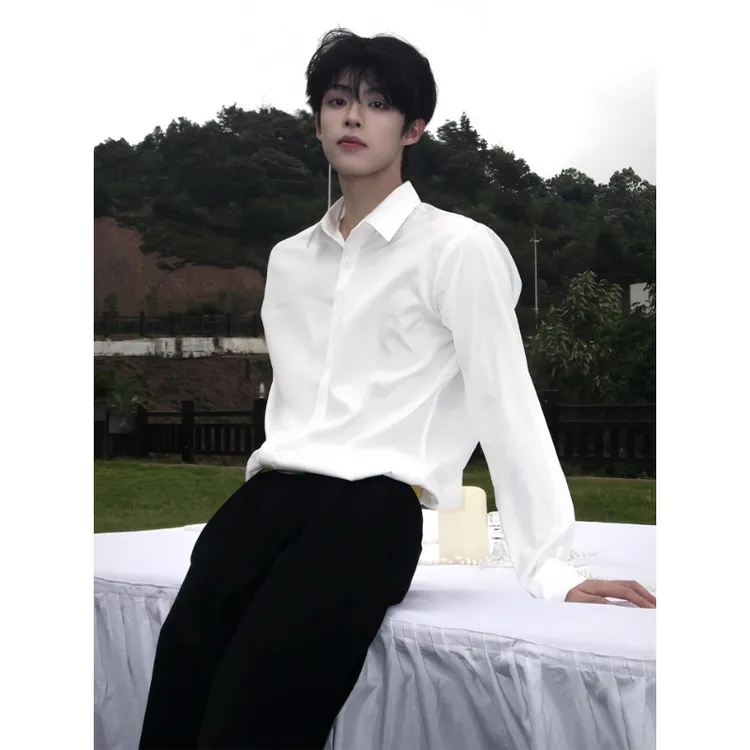 英伦雅痞纯白色衬衫男款西装内搭正肩长袖衬衣痞帅高级感休闲外套