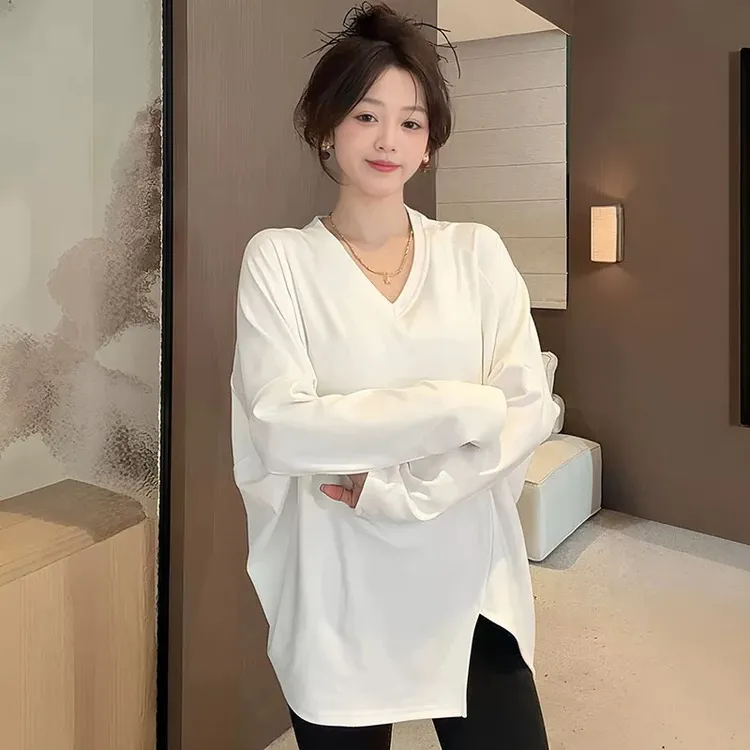 秋冬新款百搭加绒磨毛V领长袖不规则开叉打底衫T恤宽松内搭上衣女
