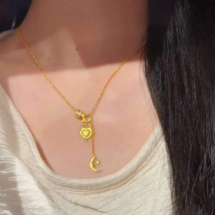 铜合金项链 新中式国潮风丨点钻少女爱心弯月项链 L016