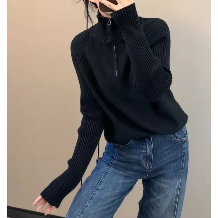 今年流行穿搭2025秋冬新款温柔风半拉链设计修身褶皱针织长袖上衣