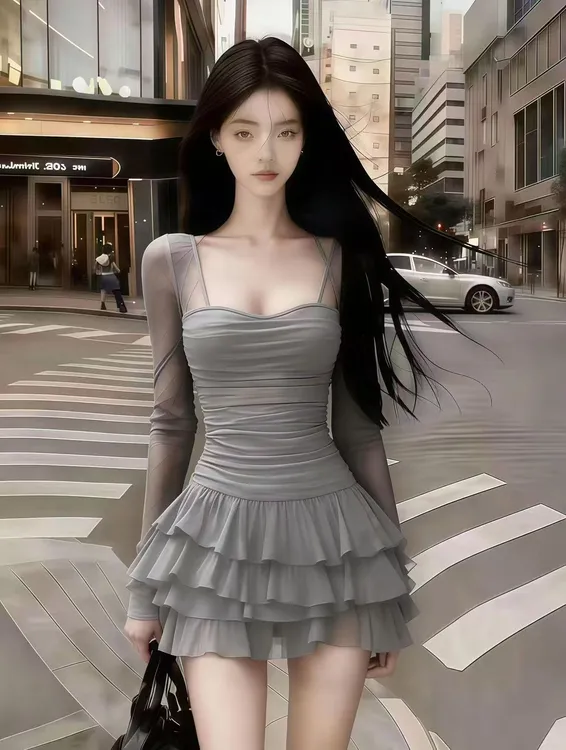 秋冬季2025新款韩版纯欲气质辣妹风灰色低领长袖修身收腰连衣裙