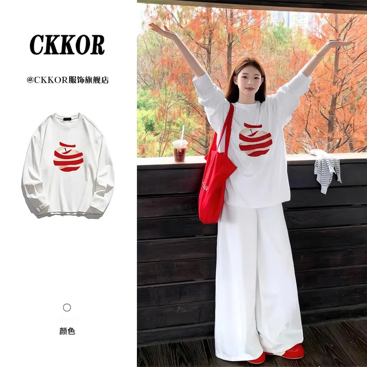 CKKOR纯棉圆领长袖t恤男女早秋新款chic宽松百搭韩系慵懒风上衣潮