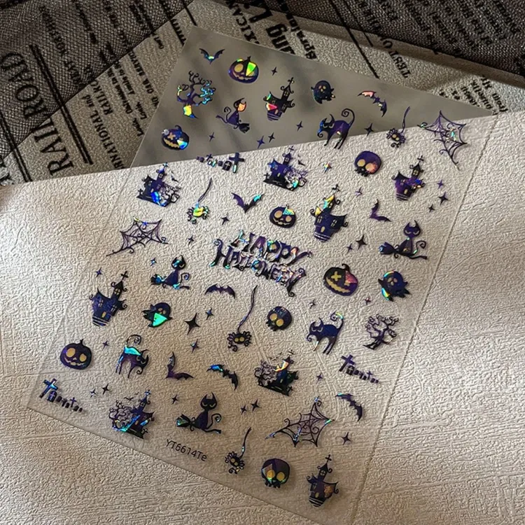 ins暗系万圣节幽灵南瓜城堡幻彩美甲贴纸暗黑十字架穿戴甲指甲DIY