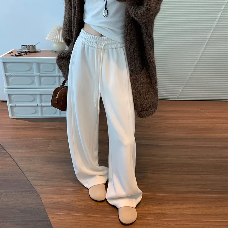 羊毛蚕丝全包边2025秋冬阔腿高腰显瘦冬季加绒加厚休闲裤宽松百搭