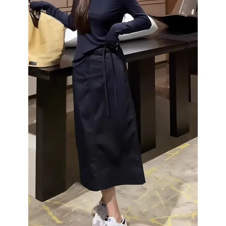 开叉绑带藏青色半身裙长袖女2025夏新款百搭气质高腰显瘦A字裙
