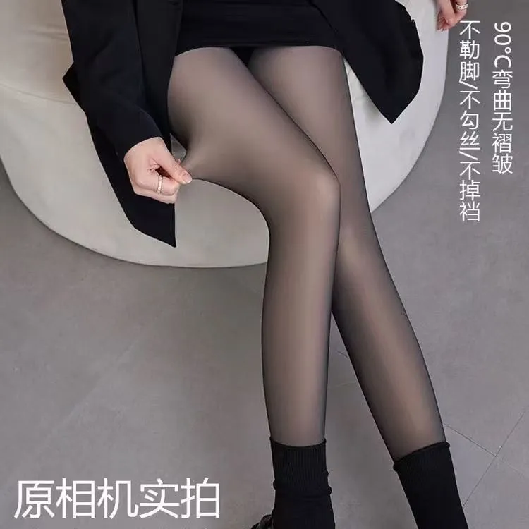 自带骨骼感水光黑丝高腰收腹比基尼加绒打底裤