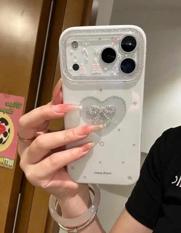 ins白月光白底镂空波点爱心闪粉镜框适用苹果17promax/1615手机壳