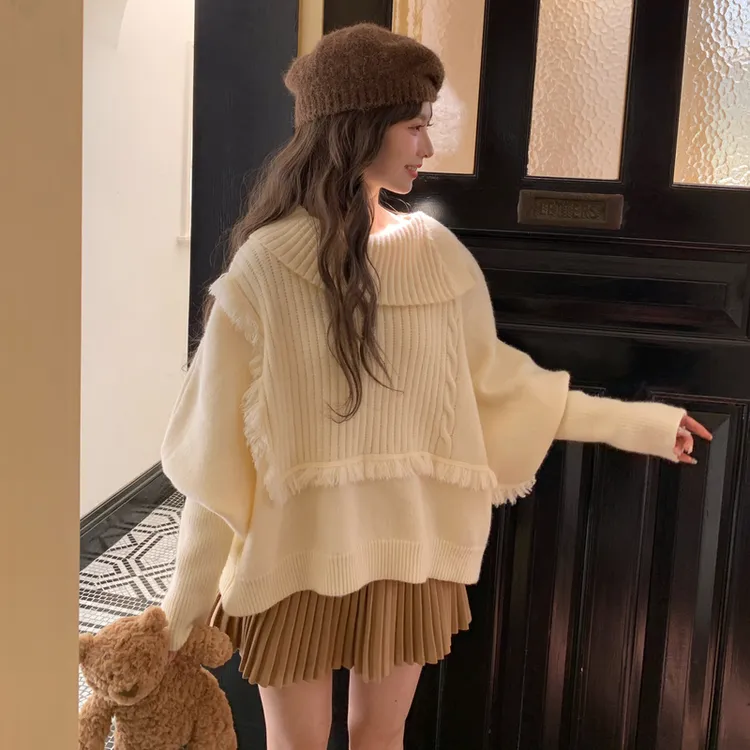 森女部落甜美风不规则翻领套头针织衫女2025新款设计感宽松毛衣冬