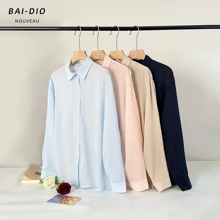 天丝亚麻夏季薄款防晒慵懒风莱赛尔棉百搭衬衫女装长袖女纯色衬衣
