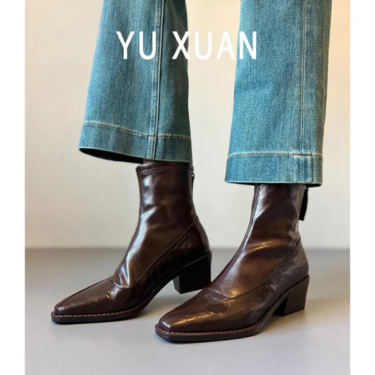 羊皮~复古方头粗跟短靴女真皮拼接切尔西靴通勤百搭黑色靴子新款