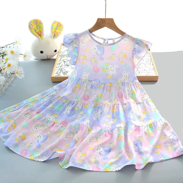 25年夏季女童绵绸飞袖连衣裙 儿童人棉柔软舒适透气蛋糕裙公主裙