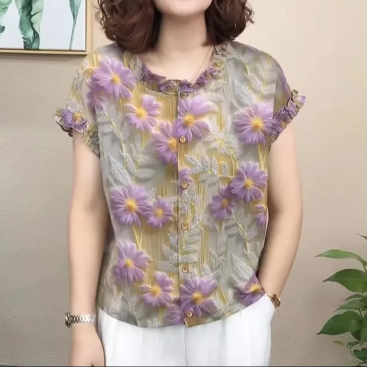 妈妈夏季新款百搭无袖衬衣时尚洋气圆领上衣中年女士夏装显瘦衬衫