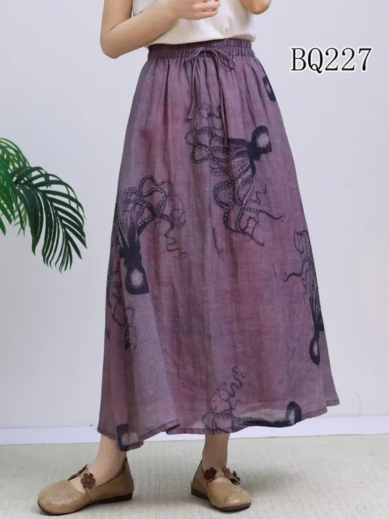 新款A字高腰休闲百搭100%苎麻国风潮半身裙