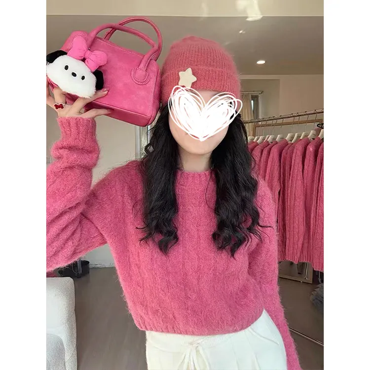 Moses Queen/魔西女王多巴胺亮色树莓粉色麻花软糯短款毛衣女秋冬