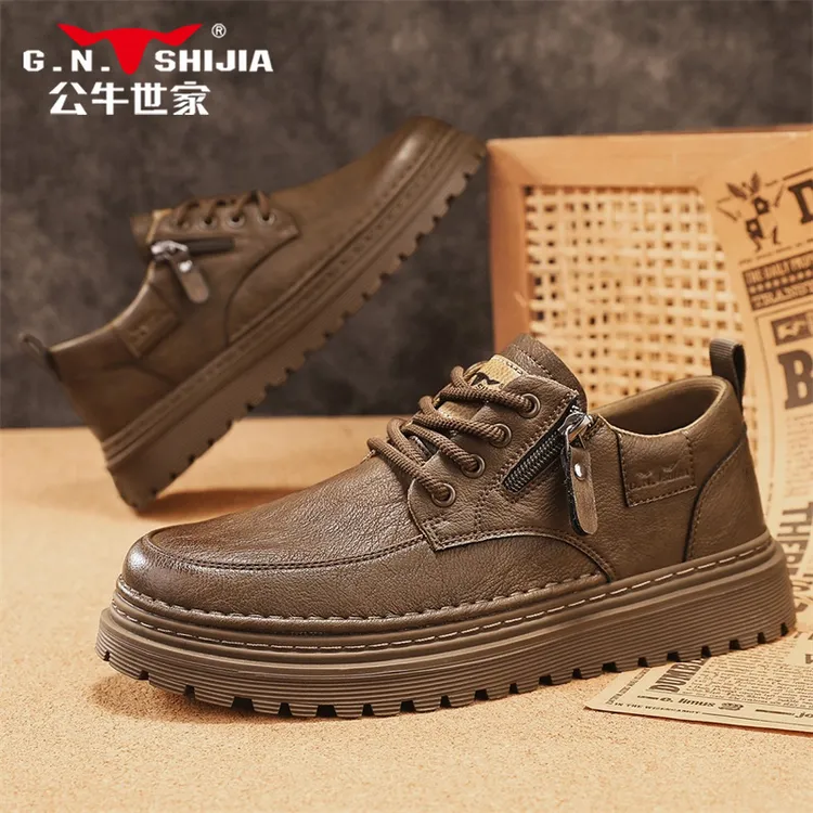 公牛世家2025冬季新款厚底增高百搭复古男鞋低帮运动时尚休闲皮鞋