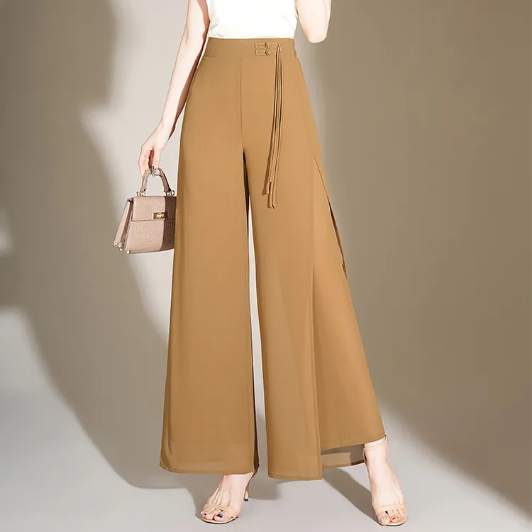 阔腿裤女夏季薄款时尚高腰宽松国风开叉长裤高个子垂感雪纺舞裤子