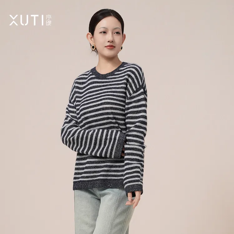 序缇山羊绒亚麻条纹针织上衣女2025秋季新款百搭J77-22079
