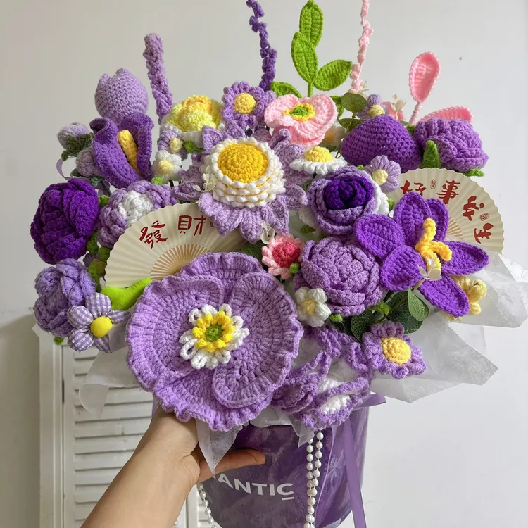 【紫色韵味】百合玫瑰手工毛线花束抱抱桶送女朋友妈妈闺蜜成品礼物