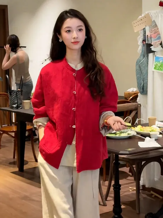 早秋流行新中式国风改良上衣轻奢高级感红色小香风短款外套女2025