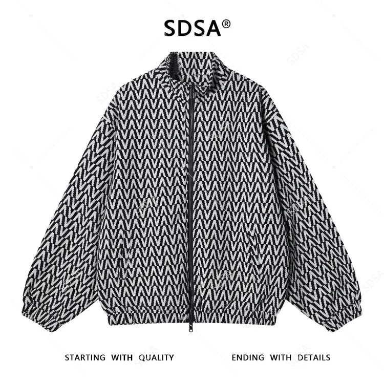 SDSA秋冬新款痞帅男装潮牌撞色满印字母拉链立领夹克百搭时尚外套