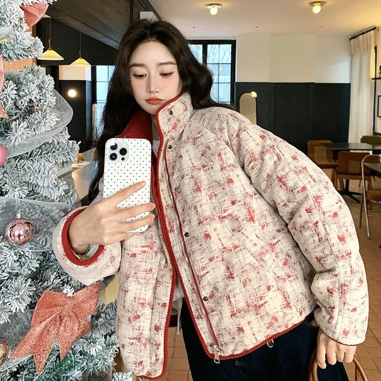 羽绒服女时尚百搭复古印花休闲立领女短款加厚韩版白鸭绒外套冬季