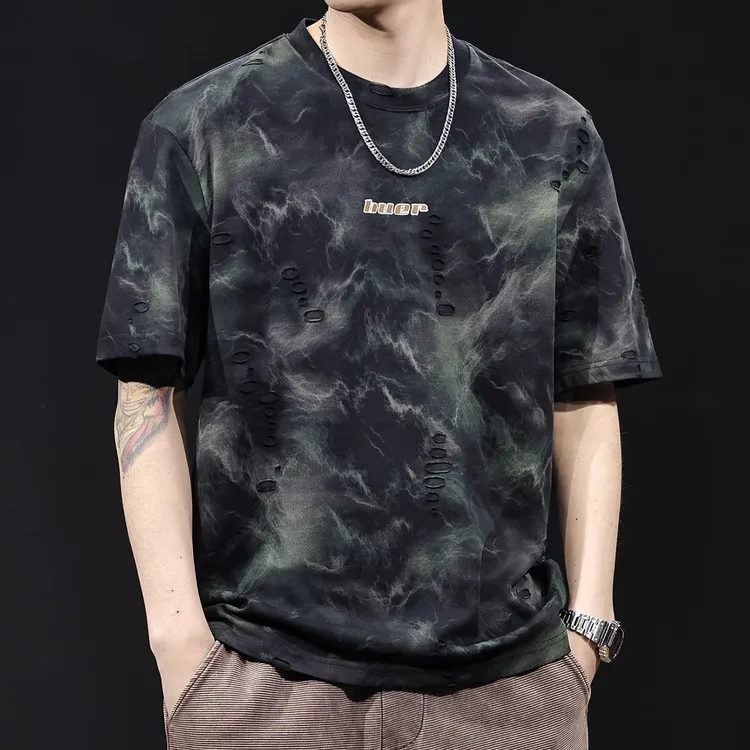 MR.MUDI/穆迪先生美式复古破洞男士短袖宽松设计感休闲半袖T恤