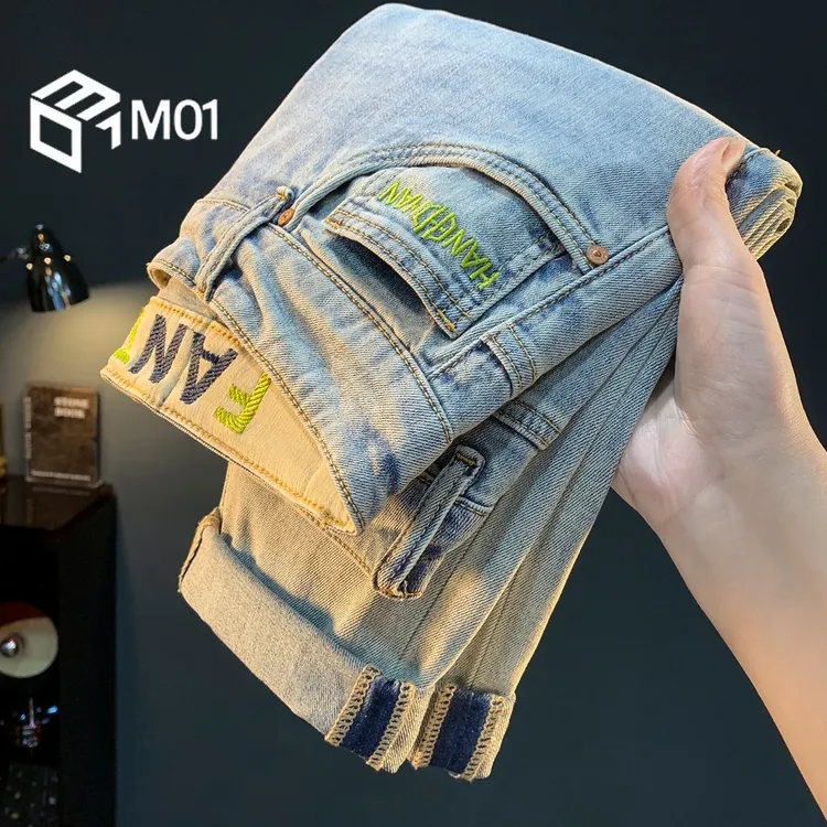 M01浅色休闲牛仔裤潮流复古做旧弹力长裤莱赛尔天丝凉感修身裤子
