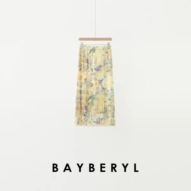 BAYBERYL老贝油画宅裙*流苏压褶度假松紧弹力半身裙9YQ5F0526-6/7