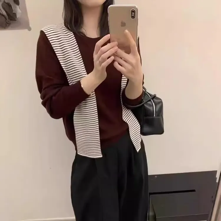 假两件女装披肩针织衫毛衣长袖宽松圆领纯色百搭薄款上衣女打底衫