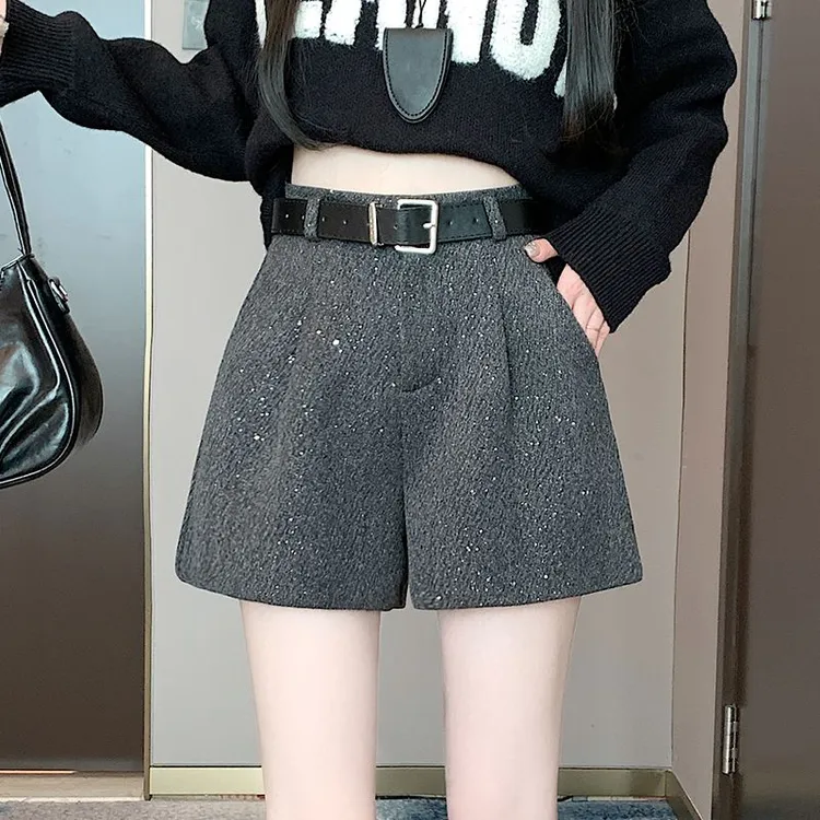 秋冬季高腰小香风新款重工亮片毛呢短裤a字阔腿裤靴裤子女配腰带