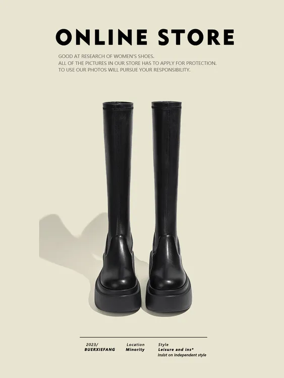 真皮厚底长筒靴女2025秋冬加绒弹力瘦瘦靴增高长靴子高筒骑士靴