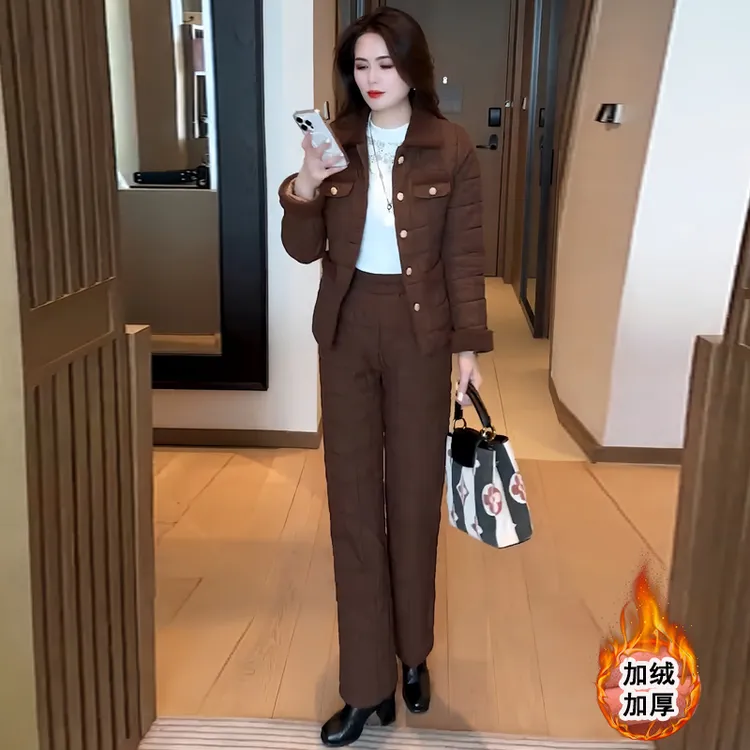 气质加绒加厚时尚套装女秋冬爆款小香风西装外套高腰直筒裤一整套