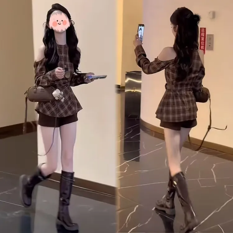 【套装】率性出街小众显白辣妹番禧露肩设计感收腰格纹上衣+短裤