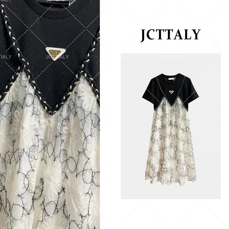 编码【01】法式蕾丝拼接假两件夏季减龄收腰显瘦碎花裙JC-A3073