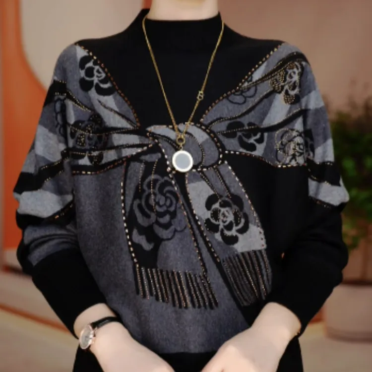 秋冬新款时尚高端针织打底衫洋气提花烫钻宽松显瘦保暖长袖毛衣女