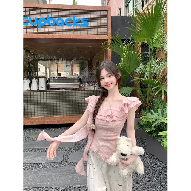 荷叶边针织T恤女2025夏季新款法式不规则修身设计感飘带无袖上衣