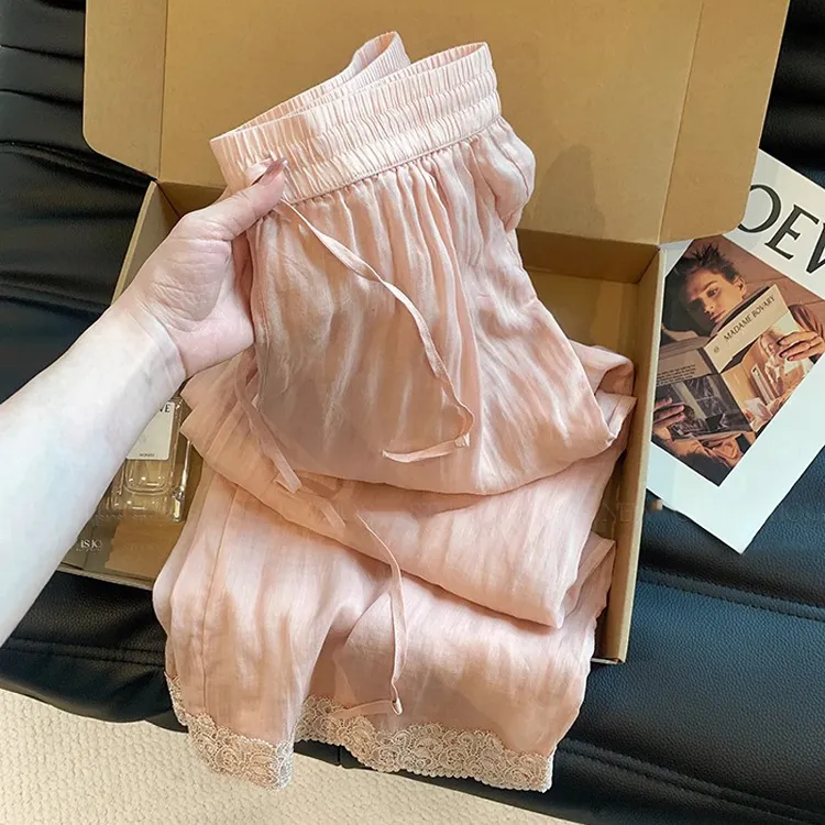 粉色新中式刺绣拼接松紧裤子女夏薄款慵懒垂感显瘦松弛休闲阔腿裤