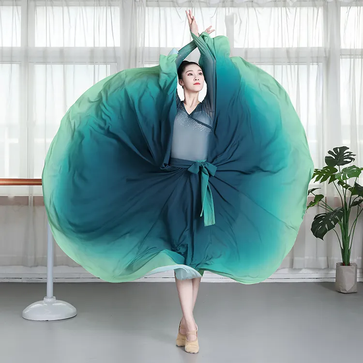 新款舞蹈服女渐变仙气V领上衣飘逸青绿渐变雪纺720度大摆裙服装