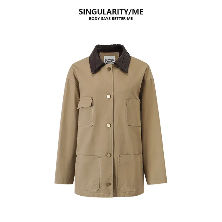 Singularity Me 7A 6091 撞色编织皮领三角标休闲英伦风风衣外套
