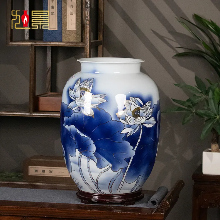 景德镇陶瓷花瓶手绘描金青花瓷摆件大号瓷瓶中式客厅博古架装饰品