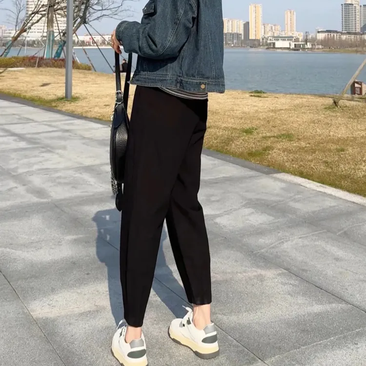 黑色窄版九分哈伦裤女春秋新款小个子大码胖MM宽松休闲萝卜裤