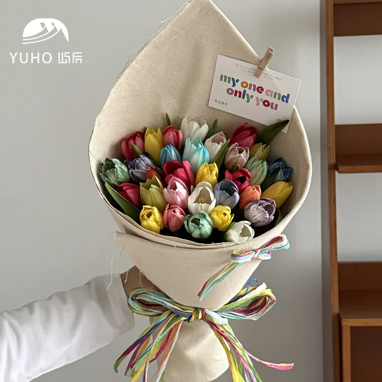 屿后 彩虹郁金香土棉肌理感布鲜花花束包装布艺花店手工花艺资材