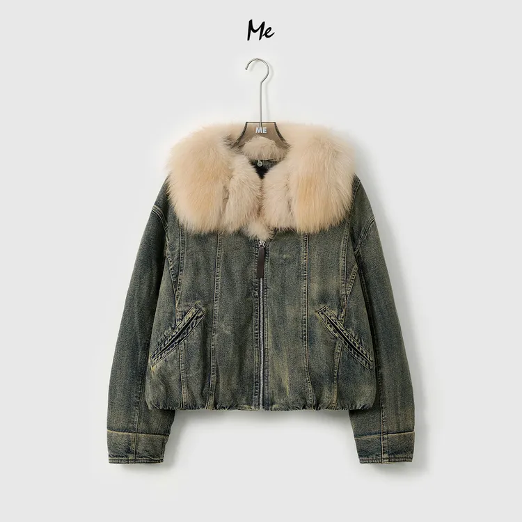 ME【狐狸大毛领中古牛仔鹅绒服】白鹅绒复古时尚保暖羽绒服MESA3827