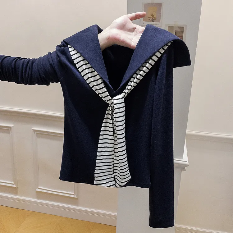 yoewshean/羽媗秋冬季海军领条纹披肩长袖T恤大码女装微胖mm上衣